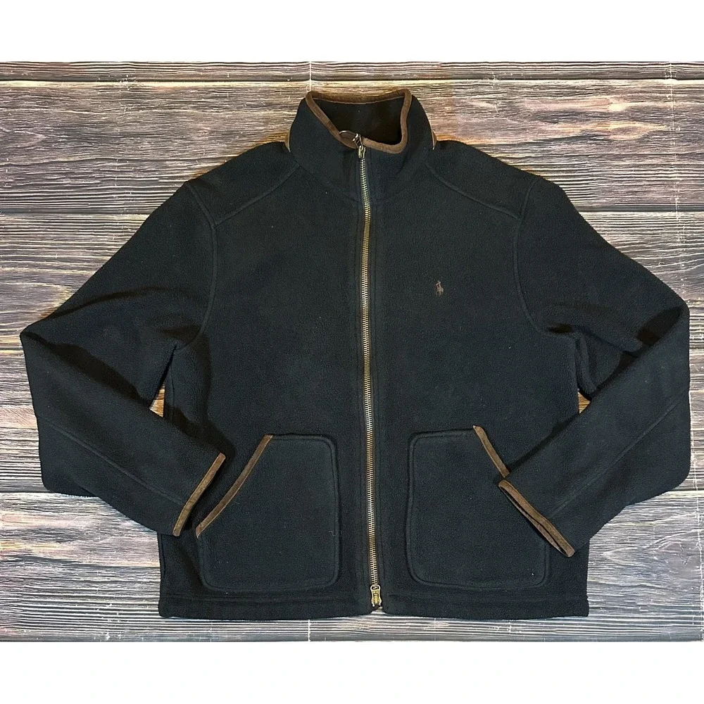 Vintage Polo Ralph Lauren Fleece Jacket Men's XL Black With Brown Leather Trim